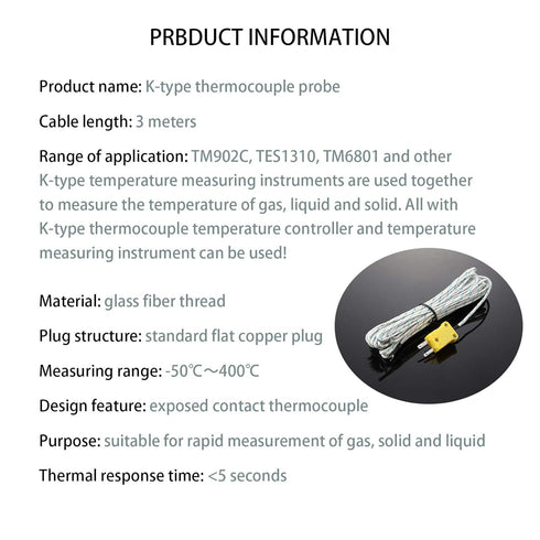 10 Pieces 3 Meters K Type Mini-Connector Thermocouple Temperature Probe Sensor, Compatible with TM902C/TES1310
