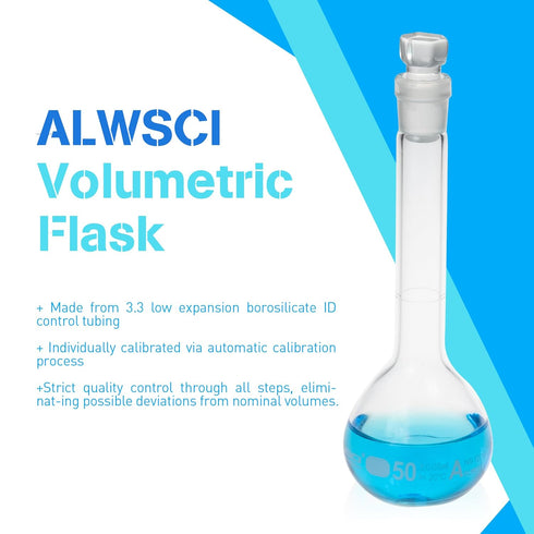 50ML Volumetric Measuring Flask Set, NS12/14 Glass Stopper, Graduated ASTM Class A Borosilicate Glass 3.3 for