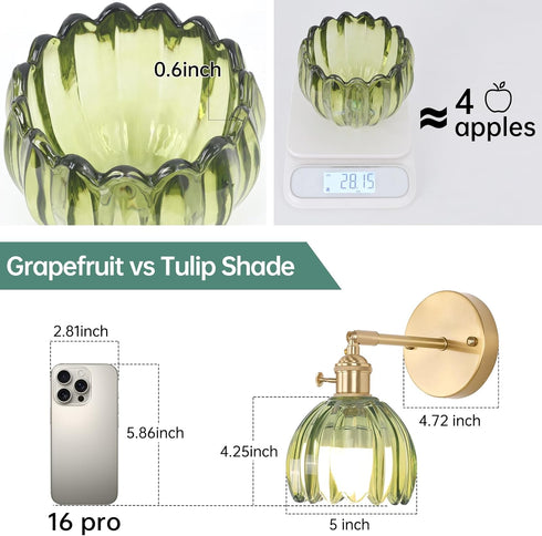 Shenmoyl Vintage Battery Operated Wall Sconce with Green Tulip Glass Lampshade Rechargeable Battery Powered Wall Light