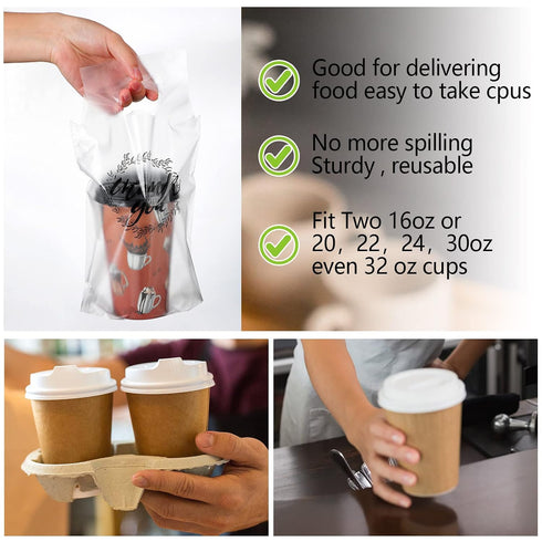 1000 1 Kisston Pcs Drink Carrier for Delivery, Plastic Carrier Bags Thank You Clear Handle Drink Poly Bags Bulk