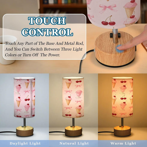 MOOCG 3 Dimmable Ice Cream Cute Bows Touch Control Table Lamp with Fabric Shade, Color Temperatures LED Desk Lamp, Eye