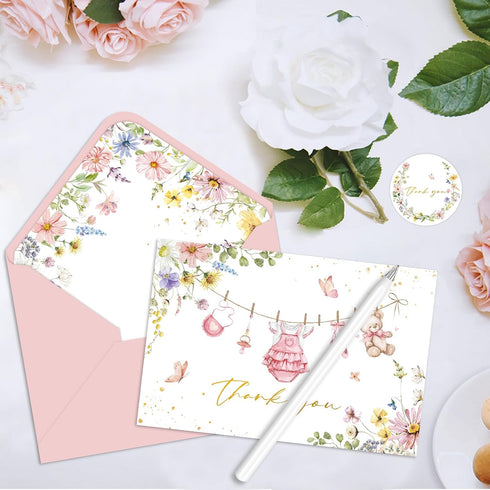 SMUAENSS 24 Pack Pink Baby Shower Thank You Cards with Envelopes, Girl Baby Gift Card Blank Note Card with Envelopes