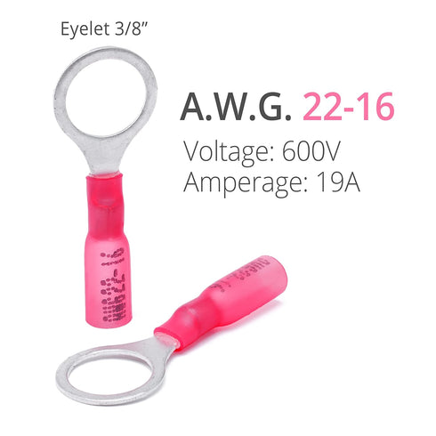 Wirefy 150 PCS Heat Shrink Ring Terminals 3/8" - Red Eyelet Wire Connectors for 22-16 AWG