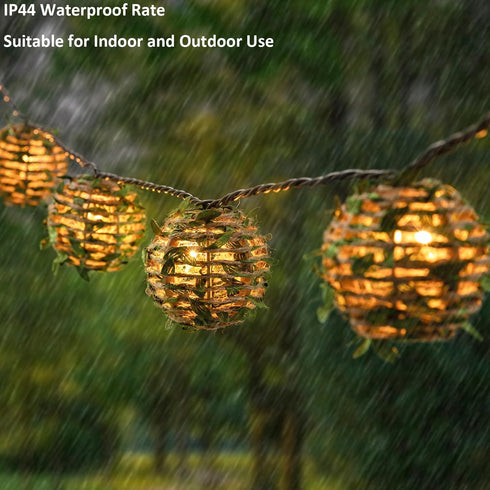 TWINKVILLA 10 Decorative Lantern String Lights, Outdoor Plug in Hanging Lights with Natural Hemp Rope Leaf Balls