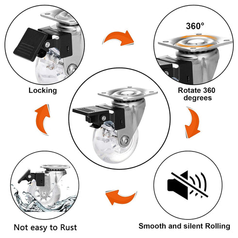 2" Caster Wheels Set of 4, Heavy Duty with Brake, Crystal Clear Swivel Plate Castors, No Noise Locking