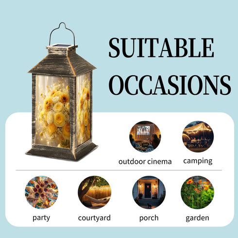 RAINFALLARING Solar Lantern Elegant Yellow White Rose Bouquet Sunflowers Glitter Accents Outdoor Waterproof Hanging