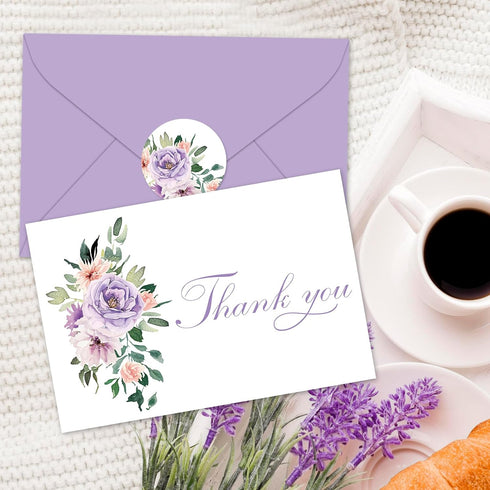 50 Pack JarThenaAMCS Purple Floral Thank You Cards Pink Purple Flower Greeting Cards With Envelopes Stickers Watercolor
