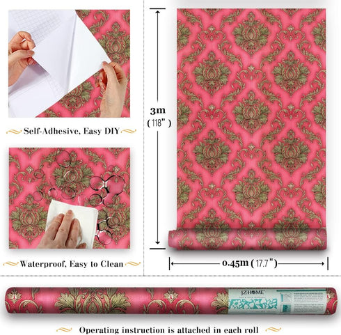 Y9151 Luxury Damask Wallpaper 17.7in x 9.8ft, Red Self Adhesive Removable Contact Paper for Home Decoration