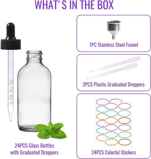 AuroTrends 4 oz Dropper Bottles, 24 Pack Transparent Glass Tincture Bottles with Dropper, Funnel & Stickers