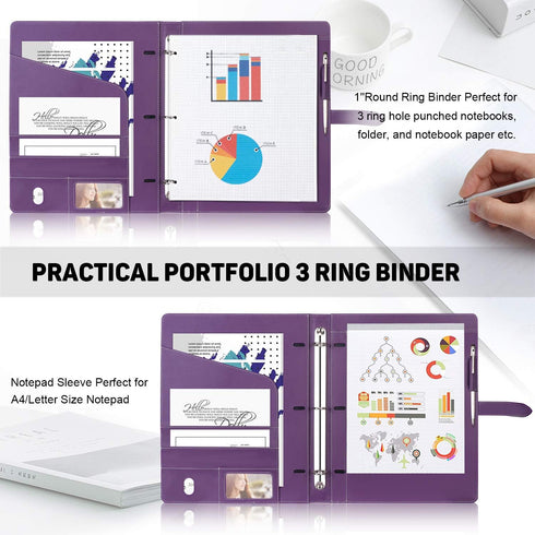 Toplive Padfolio 3 Ring Binder Organizer - A4/Letter Size PU Leather Business Portfolio Folder for Women, Purple