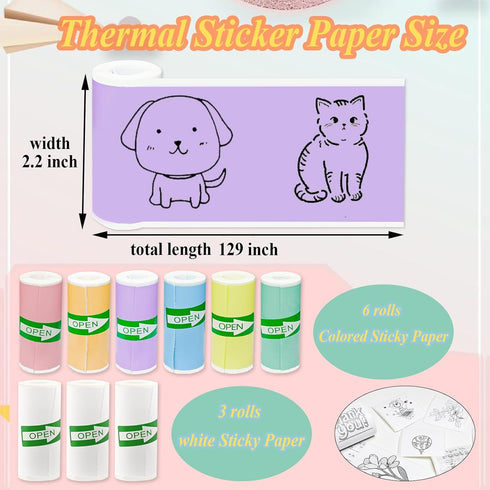 9 6 3 M02/T02 Rolls Self-Adhesive Mini Printer Paper - Vibrant Colors & White Compatible with Printers(Remove Inner