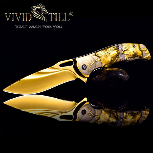 Pocket Knife for Men, Folding Knife With Clip & 3D TITANIUM PLATED WOLF Relief, Embossed Edc Knife For Men Outdoor Survival Camping Hiking hunting (Gold) by Vividstill