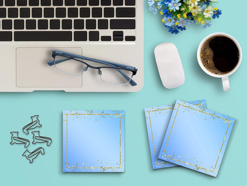 Butler in the Home Sticky Notes, 12 Pack 3"x3" Light Blue and Gold Glitter Border, 50 Sheets/Pad