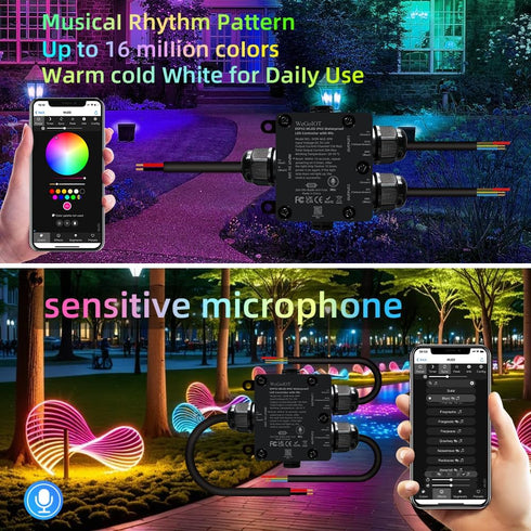 IP65 ESP32 DC5-24V, WS2812B Lights(2 Waterproof LED Controller, WLED WiFi APP Control, Outdoor Music Sync Light