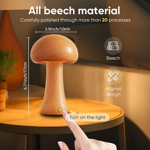Small Wood Mushroom Lamp, LED Cordless Touch Lamp, Portable Dimmable Battery Lamp for Bedroom Nightstand