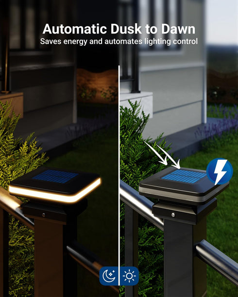 2W, 120 2CCT: 2700K, 4000K, 2 50%, 100% 2 Pack Sunco Solar Post Lights, Outdoor Dusk to Dawn Black Square Solar Powered