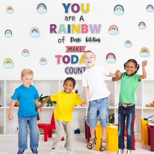 Motivational Rainbow Bulletin Board Cutouts, Happy Sunshine Day Inspirational Classroom Decoration for Wall Decor