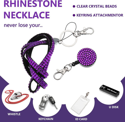 HUSUM 4 Sets Rhinestone Lanyard, Sparkling ID Card Holder, Crystal Retractable Badge Reel for Women, 4 Colors