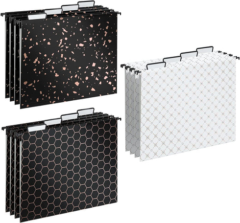 Y YOMA 12 Pack Decorative Hanging File Folders, Letter Size, Rose Gold, 1/5-Cut Adjustable Tabs, 3 Black Foil Design
