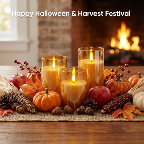 5plots 3D Set 3, D3 H4 5" 6" Glass Battery Operated Gold Flameless Candles with Remote Timer, Wick Real Wax Pillar Led