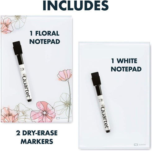 Quartet Glass Desktop Notepad, 9" x 6" Dry Erase Surface, Floral/White, 2 Pack