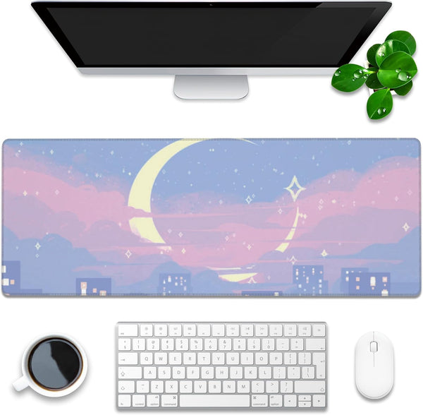 Desk Mat, Anime Moon City Night Scene Extended Gaming Mouse Pad, 31.5"x11.8" Big Mouse Pad for Home Office Work