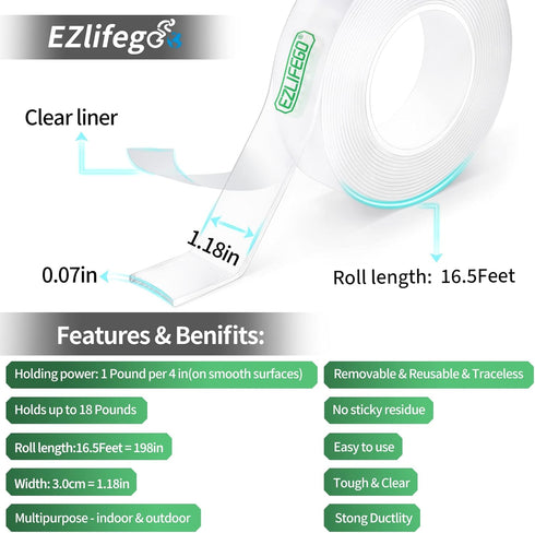 EZlifego Heavy Duty Double Sided Tape (Extra Large 16.5FT) - Nano Adhesive Mounting Tape for Wall Decor