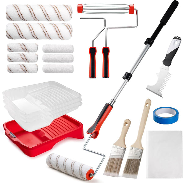 Mister Rui 20-Piece 9" Paint Roller Kit with 3-Ft Extension Pole, Tray,