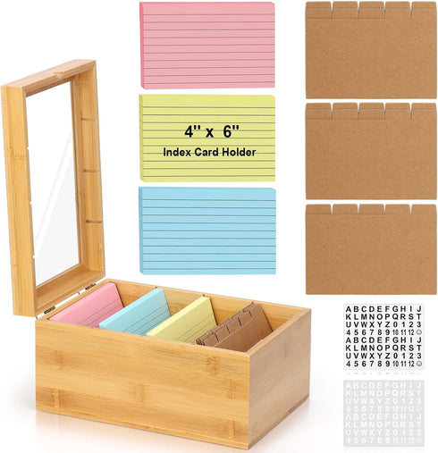 DLUGOPIS 4x6 Index Card Holder with Dividers Bamboo Index Card Organizer Box 4