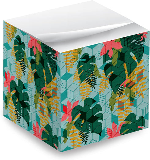 Tropical Sticky Note Cube, 2.75" Memo Block, Printed on 4 Sides, Boho Botanical Design