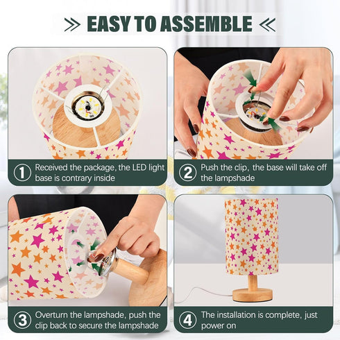 Bedside Table Lamp for Bedroom Orange Pink Star Nightstand LED Light Lamps with USB Port Linen Fabric Shade Table Desk