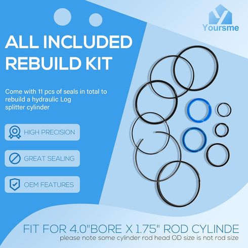 Hydraulic Log Splitter Cylinder Rebuild Seal Kit for 4.0" Bore x 1.75" Rod Cylinder, Precision Made