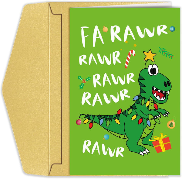 Goroar Funny Dinosaur Christmas Card: Cute Kids' T Rex Rawr Xmas Card