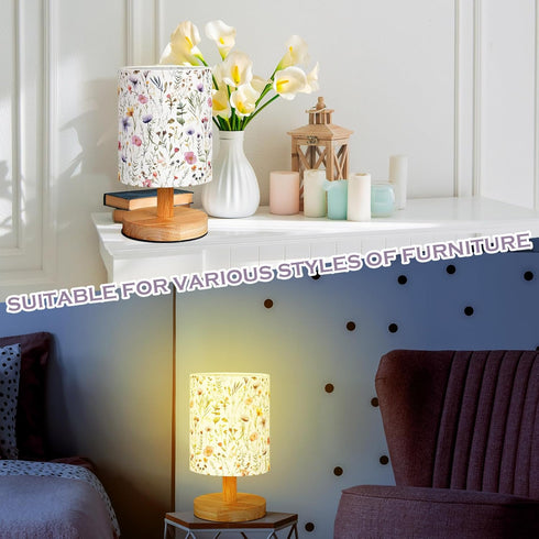VIHOSE Wildflower Kids Table Lamp for Bedroom Kids Bedside Lamp with Linen Wooden Nightstand Cartoon Nursery Lampshade