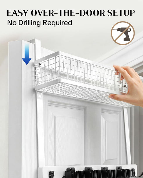 4 4 Lorbro Over the Door Broom Holder with Cleaning Supply Organizer, Wooden Mop and Broom Holder Wall Mount, Grips