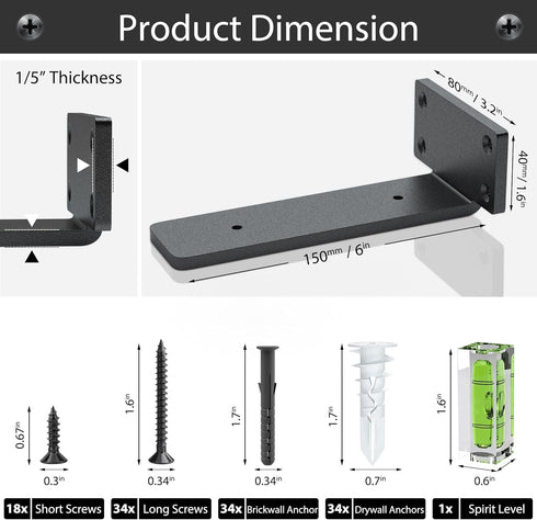 8 Pack 6 Inch, Floating Shelf Bracket Heavy Duty Hidden L Brackets, DIY Rustic Industrial Shelf Brackets with Modern