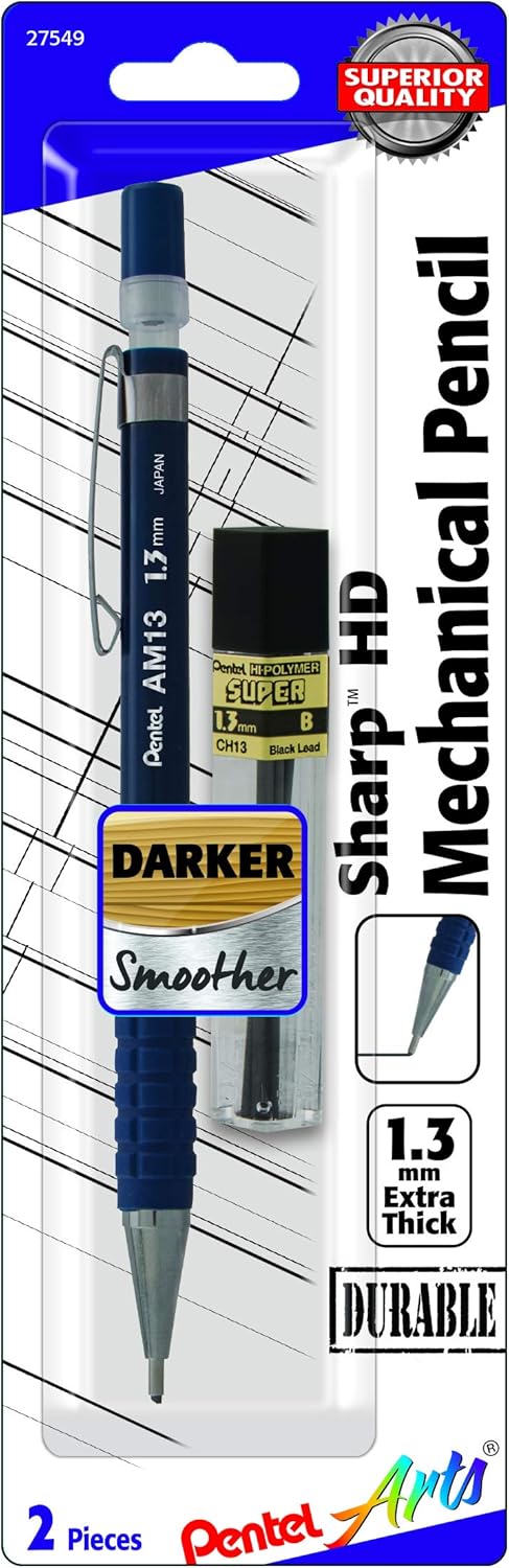 Pentel Arts Sharp HD Mechanical Pencil, 1.3mm, Dark Blue Barrel, Super Hi-Polymer Lead Refill (AM13PABP)