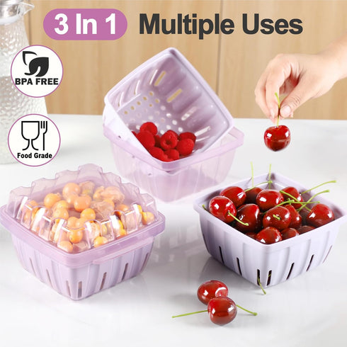 3-in-1 1 Berry Basket, Berry Keeper Box, Quart Vented Plastic Berry Containers for Fridge, Fruit Colander