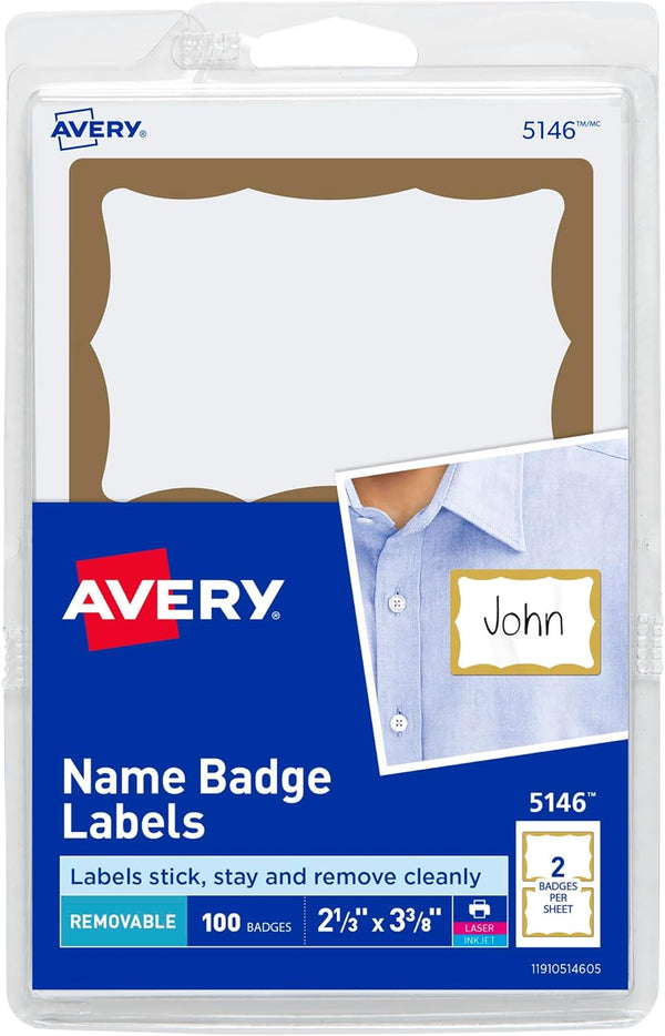Avery Customizable Name Tags, White with Gold Border, 2-1/3" x 3-3/8", 100 Removable Badges (05146)