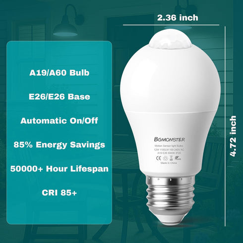 Bgmonster 4-Pack Bulbs, 12W(100W Bulb(Energy Bulb Motion Sensor Light Equivalent), Movement Security LED Efficient)