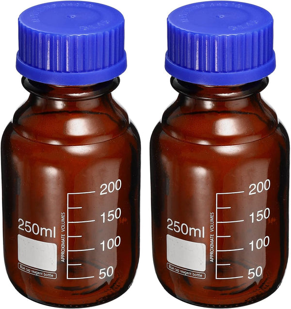 PATIKIL 250mL Reagent Media Bottle, 2Pcs Round Graduated Glass Storage Bottle for Chemistry Lab, Amber