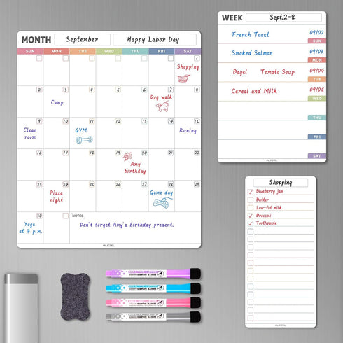 Magnetic Fridge Calendar Whiteboard, Vertical Monthly & Weekly Dry Erase Calendar Set with 1 List Board