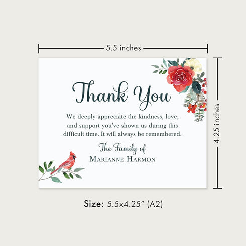 5.5x4.25 Cardinal Floral Sympathy Thank You Cards, Funeral Thank You Cards, Personalized Bereavement Notes