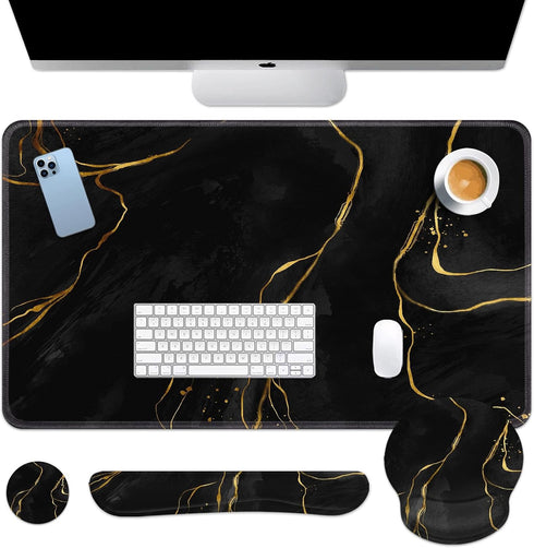 Britimes Black Gold Marble Keyboard Mouse Pad Set 4in1 Large Mousepad+Keyboard Wrist Rest+Mouse