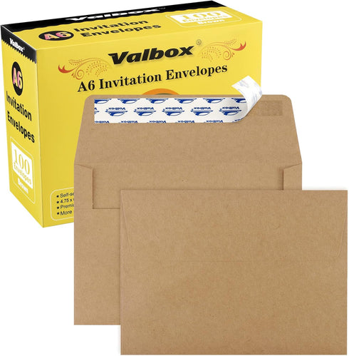 ValBox 100 Qty A6 Envelopes, Self Seal 6.5 x 4.75" Brown Kraft Paper Invitation Envelopes for 4x6 Cards, Photos,