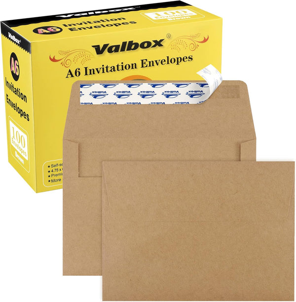 ValBox 100 Qty A6 Envelopes, Self Seal 6.5 x 4.75" Brown Kraft Paper Invitation Envelopes for 4x6 Cards, Photos,