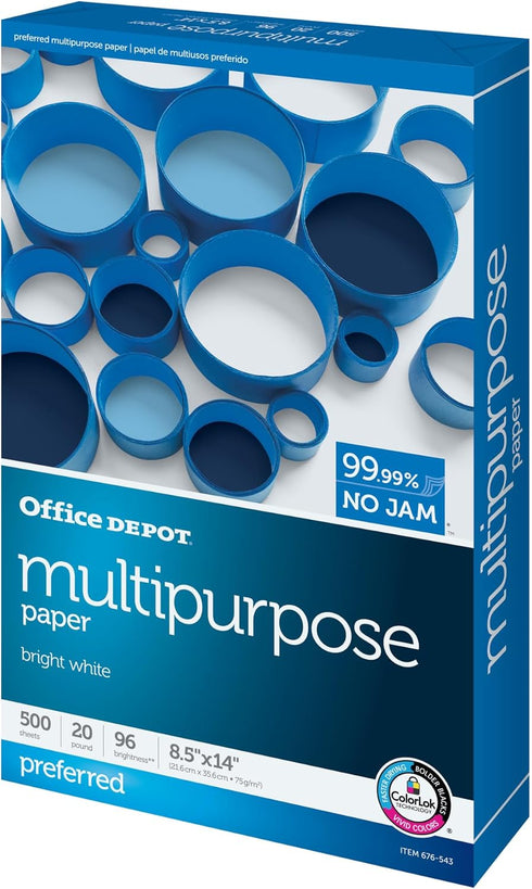 Office Depot 1 (8.5" 14"), 500 20 Lb, 96 Multi-Use Printer & Copy Paper, Ream, White, Legal x Sheets Per Ream