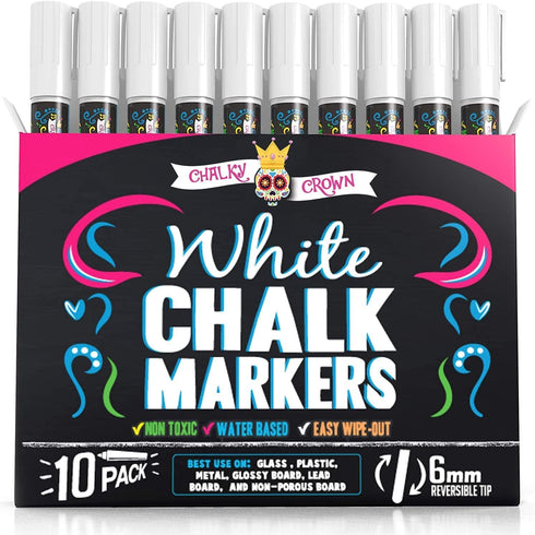 CHALKY CROWN Liquid Chalk Marker Pen, White Dry Erase Marker for Chalkboard Signs, Windows, 10 Pack