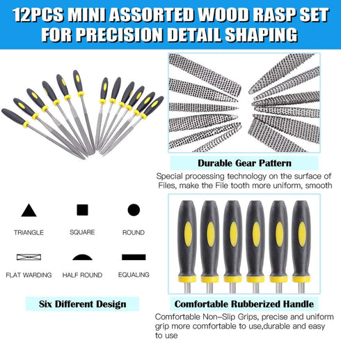 Glarks 18Pcs Assorted Wood Rasp Set with 12Pcs Mini Hand Metal Files, Brush, Storage Box & 4Pcs Sandpaper
