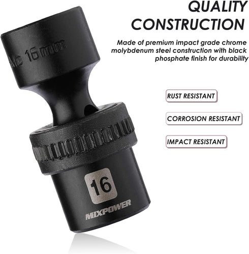 10-piece 3/8" Set, Metric,10-19mm, MIXPOWER Drive Shallow Universal Impact Socket Swivel Socket with Flexible Wobble